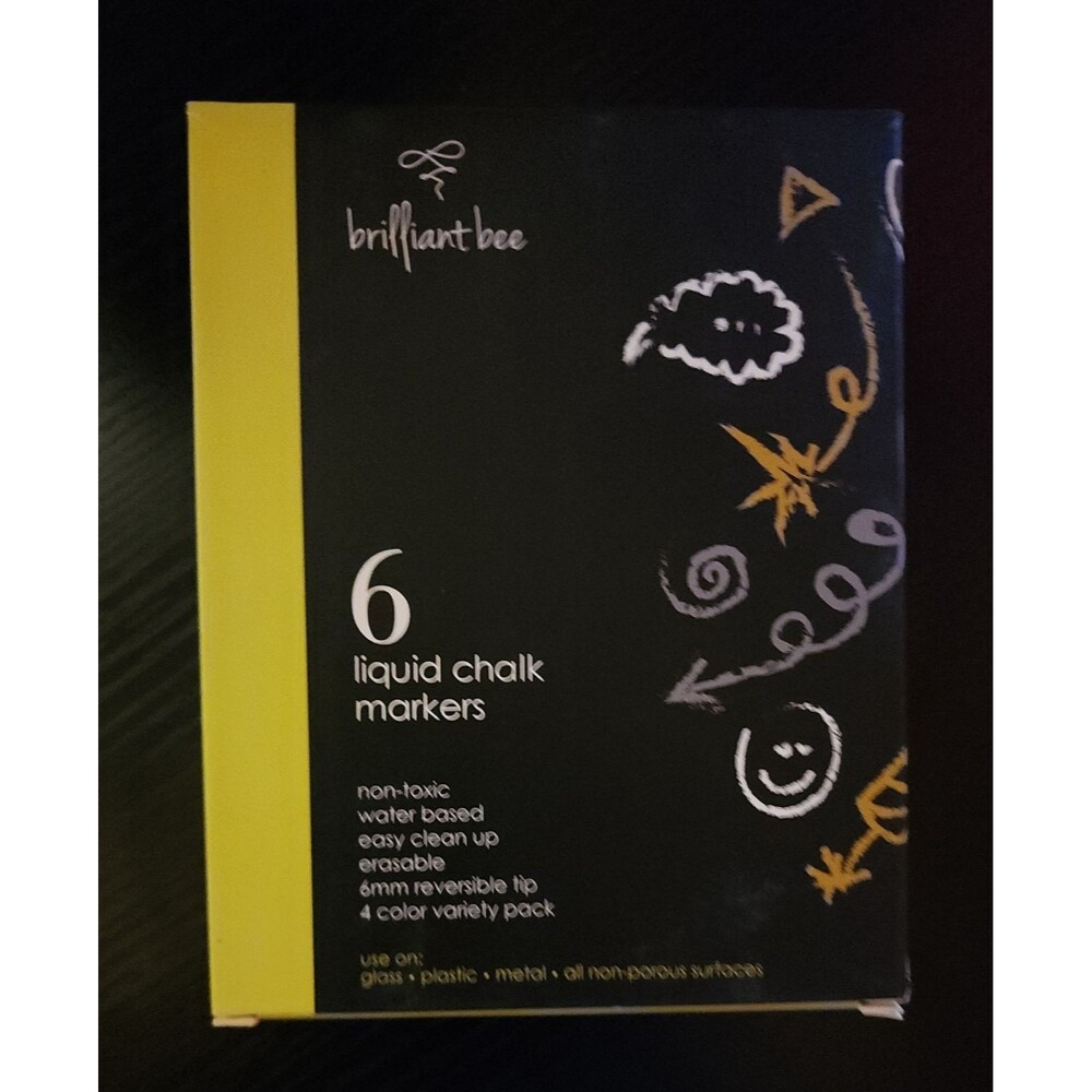 6 pk Liquid Chalk Markers Brilliant Bee tip 2x white 2x black 1x gold 1x silver
